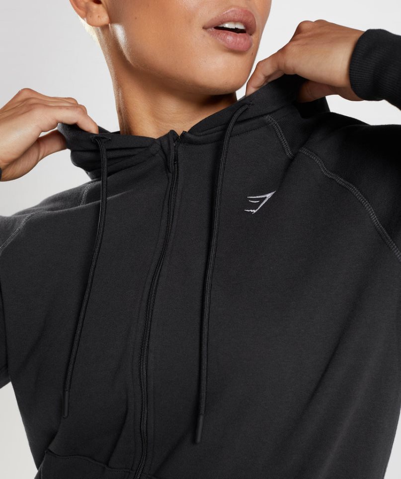 Bluzy Z Kapturem Gymshark Treningowe Zip Damskie Czarne | PL 641ZWB